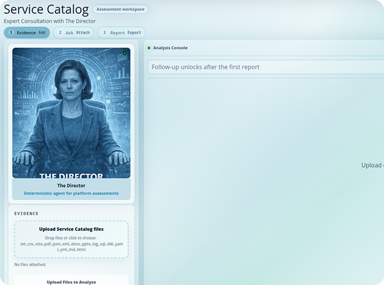 Scout ATP assessment workspace: service catalog evidence upload and analysis console