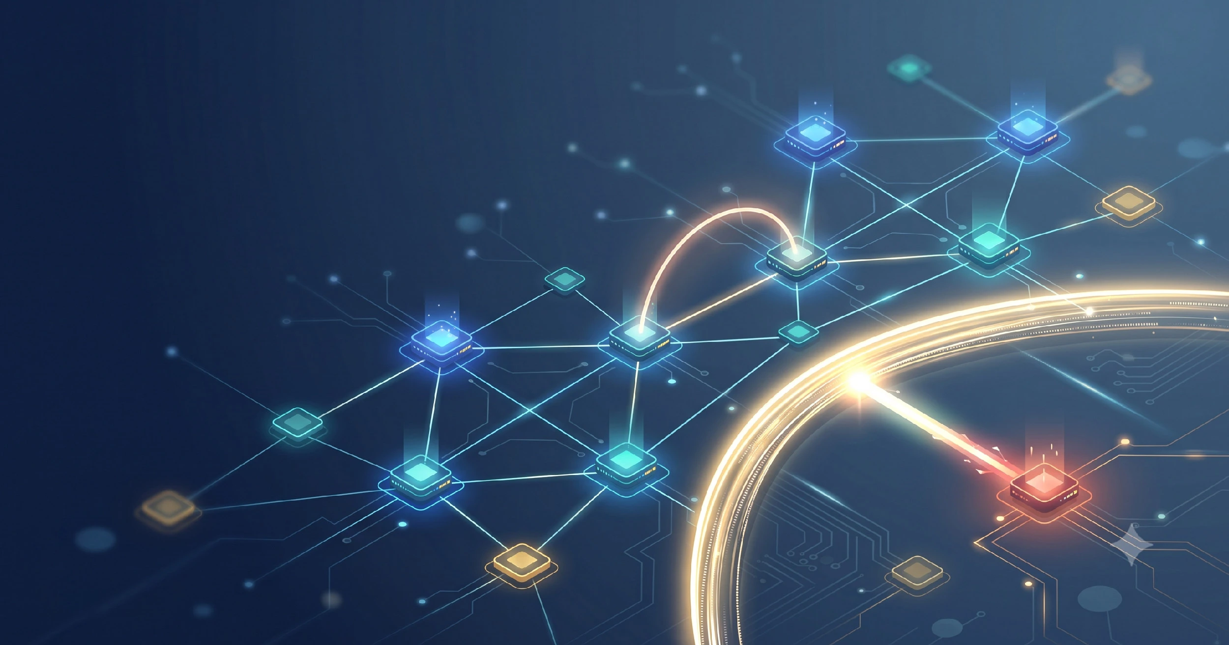 Stopping agent drift with Promise Theory governance: Glowing network nodes linked by circuits, with a golden arc toward a red node