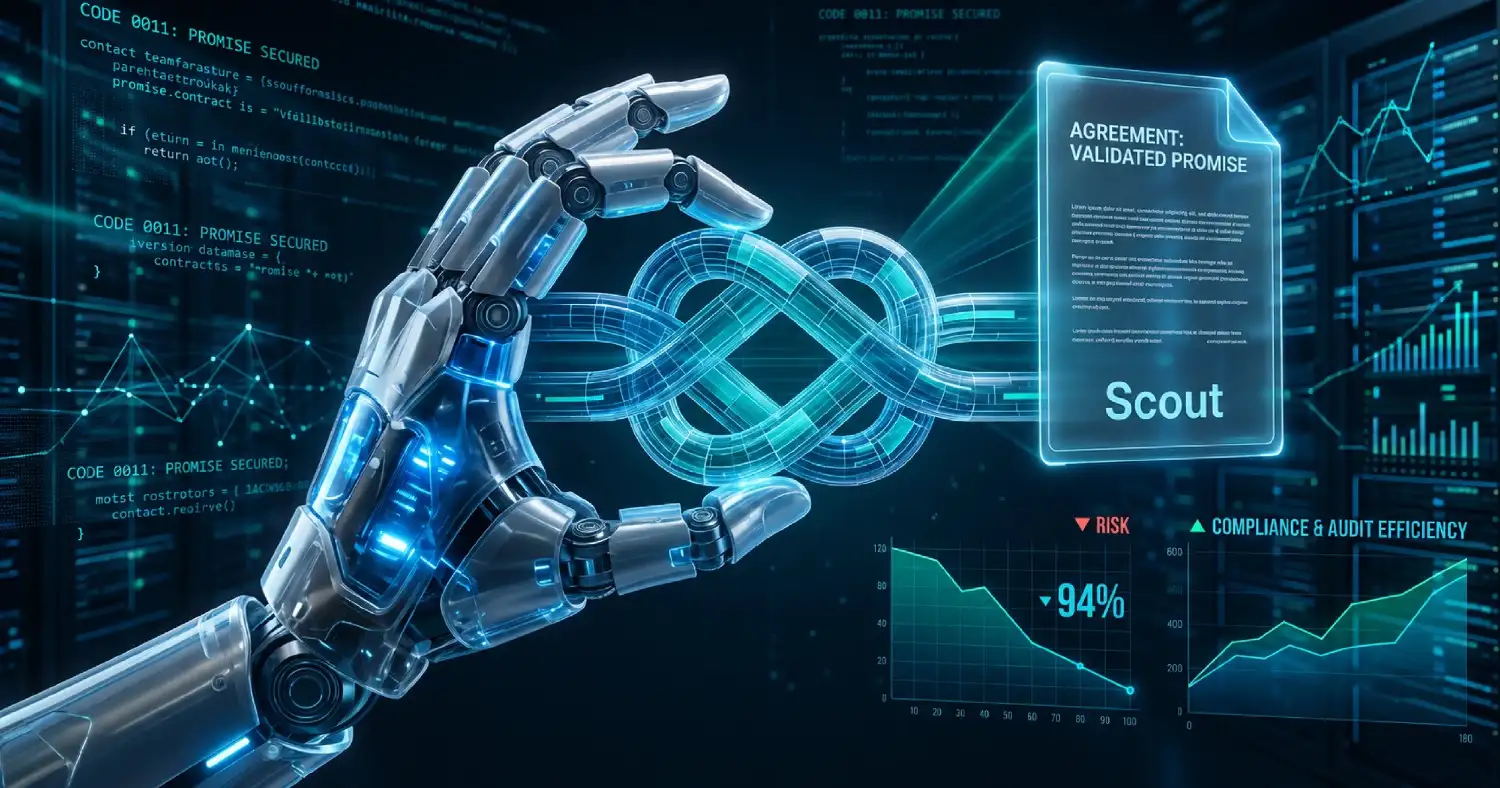 AI-powered contract management dashboard with robotic hand, digital agreement, and compliance analytics