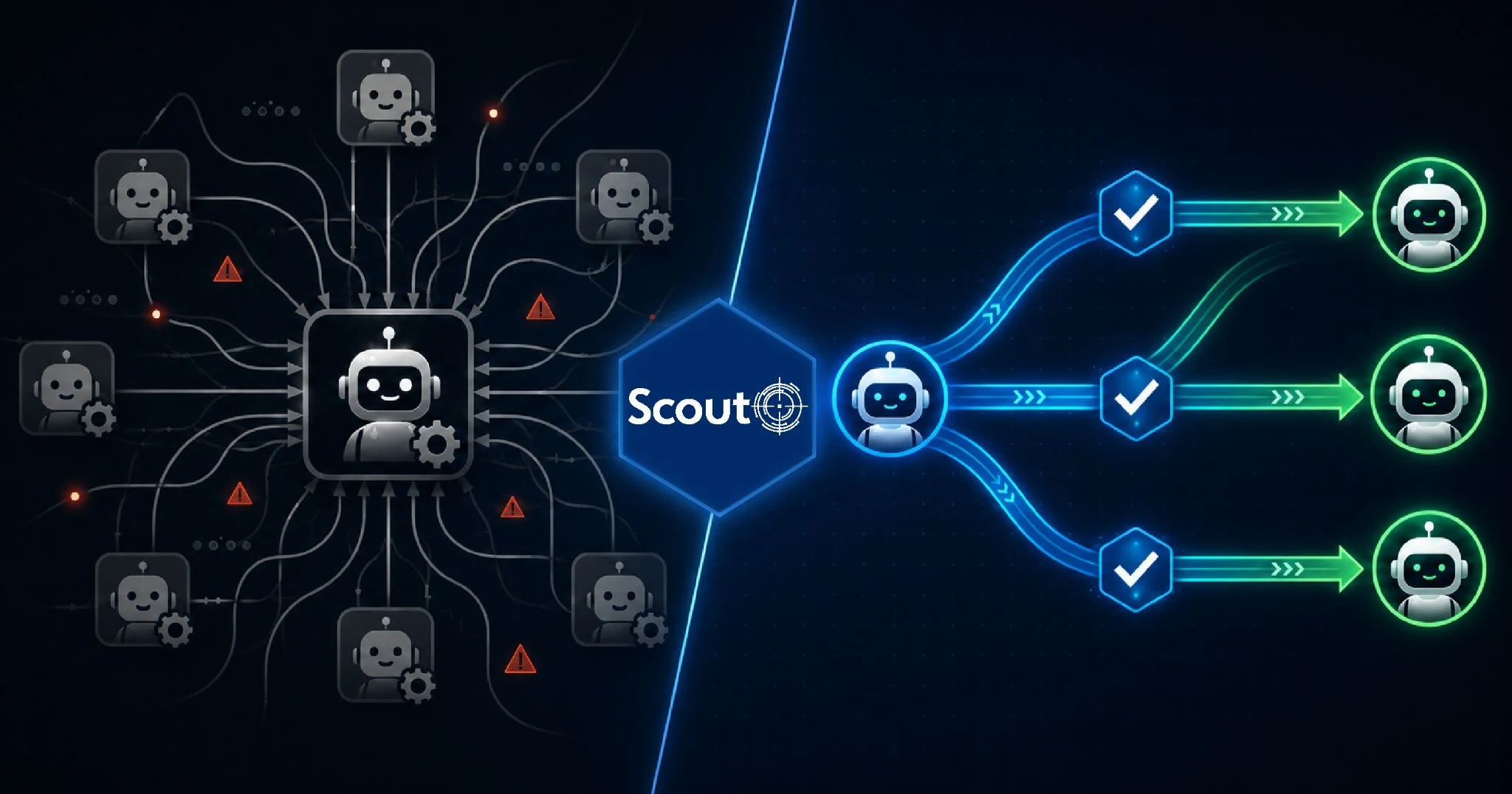 Left: AI agents wired to a single overloaded orchestrator with error warnings. Right: Scout's Promise Engine verifying each agent handoff with a checkmark before work proceeds.
