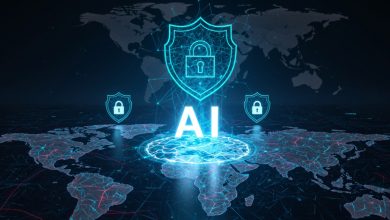 AI-powered cybersecurity visualization over a world map with a glowing “AI” centerpiece, shield-and-padlock icons, and a connected network mesh indicating global protection