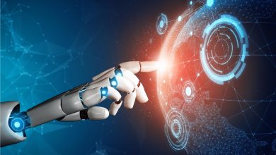 A robotic hand touches a glowing digital globe, symbolizing AI and global connectivity.