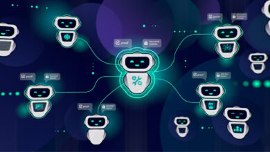 An interconnected network of AI agent icons on a dark background, featuring glowing data verification and security symbols to illustrate multi-agent coordination.