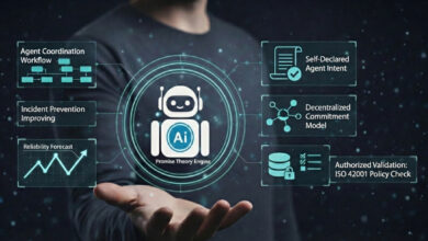 Promise theory : A man holds out his hand as a glowing AI interface with performance metrics—like RPI Score, MTTR reduced, and reliability forecast—floats above his palm against a dark, high-tech background.