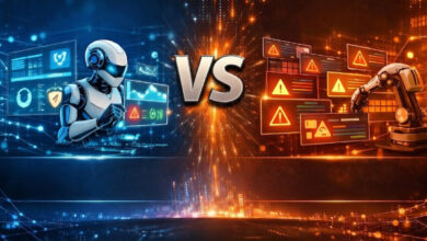 Split-screen digital art of a blue-themed humanoid robot versus an orange-themed industrial robot. A large metallic "VS" separates clean data interfaces on the left from cluttered warning icons on the right.