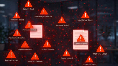 Red warning alerts displayed across an office setting, representing high volumes of IT system notifications