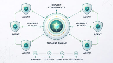 Agent coordination diagram showing Promise Theory with verifiable actions, explicit commitments, and accountability between AI agents