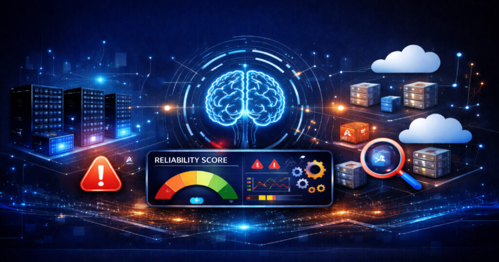 Futuristic AI cloud monitoring dashboard with servers, clouds, alerts, and a glowing brain icon