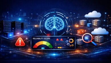 Futuristic AI cloud monitoring dashboard with servers, clouds, alerts, and a glowing brain icon