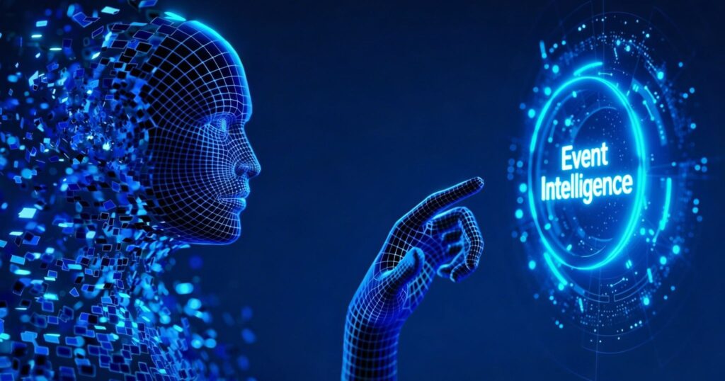 Futuristic digital human figure made of glowing blue data points interacting with a holographic interface labeled ‘Event Intelligence.