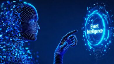 Futuristic digital human figure made of glowing blue data points interacting with a holographic interface labeled ‘Event Intelligence.