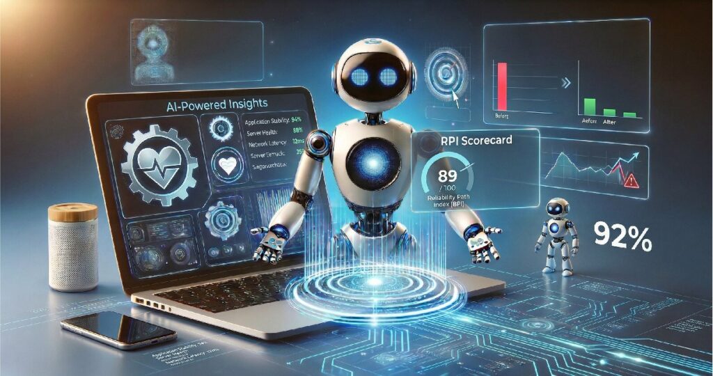 Futuristic robot with glowing blue AI dashboards above a laptop