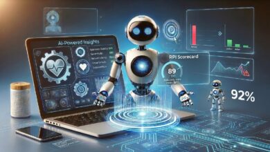 Futuristic robot with glowing blue AI dashboards above a laptop