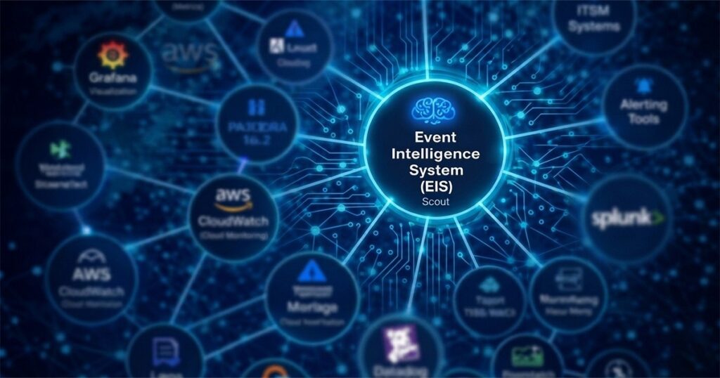 A central glowing blue hub labeled 'Event Intelligence System (EIS) Scout' is connected by network lines.