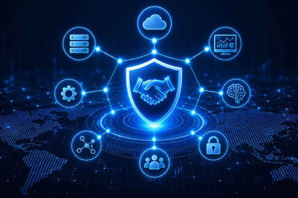 Promise Theory concept visual showing a glowing digital trust shield connected to cloud, AI, network, security, infrastructure, and analytics icons over a futuristic global technology background.