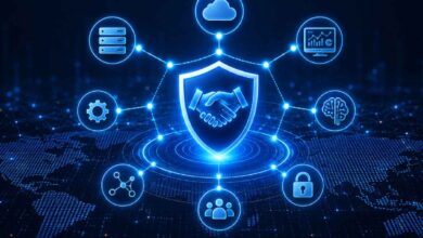 Promise Theory concept visual showing a glowing digital trust shield connected to cloud, AI, network, security, infrastructure, and analytics icons over a futuristic global technology background.
