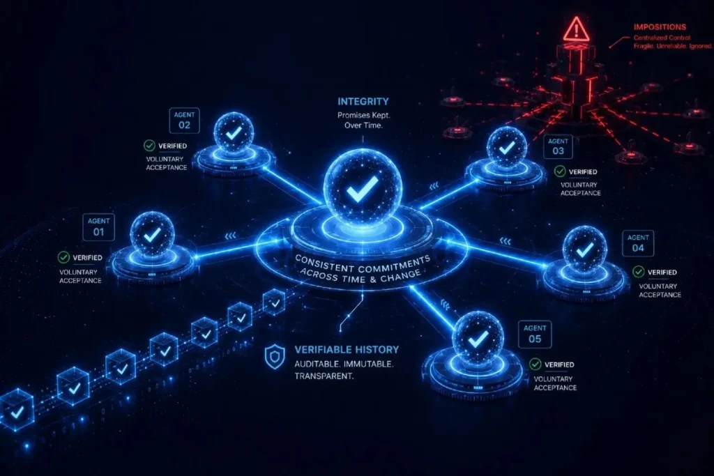 Promise Theory: Integrity in Agentic Systems a futuristic network of verified agents with a red centralized-control warning