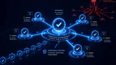 Promise Theory: Integrity in Agentic Systems a futuristic network of verified agents with a red centralized-control warning