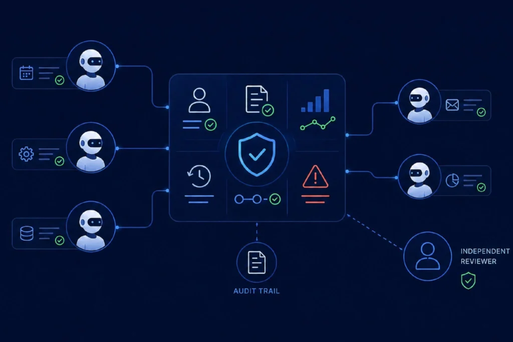 Promise Theory Benefits for a Reliable Agentic Workforce,” showing a minimal AI governance diagram with connected agent nodes, a central verified control system, audit trail, and independent reviewer