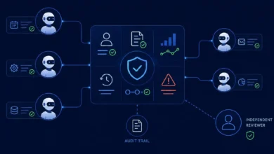 Promise Theory Benefits for a Reliable Agentic Workforce,” showing a minimal AI governance diagram with connected agent nodes, a central verified control system, audit trail, and independent reviewer