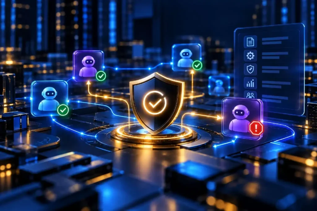 AI agent governance framework showing autonomous agents connected through verified controls, permissions, and security oversight.