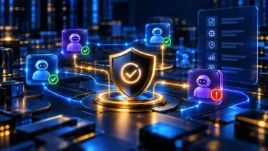 AI agent governance framework showing autonomous agents connected through verified controls, permissions, and security oversight.